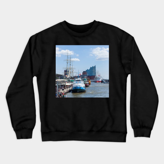 Elbe Philharmonic Hall, Elbe, ship, Landungsbrücken, Hamburg, Germany Crewneck Sweatshirt by Kruegerfoto